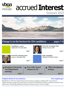 Cover of Accrued Interest featuring mountain scene with text: Change is on the Horizon for CPA candidates